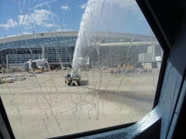 Traditional water salute from the airport fire department in Dallas, Texas, for the first flight of the summer season. The warm welcome in Dallas was always much appreciated.
