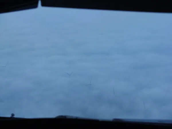 Cloud busting: wind turbines popping through the ground fog.