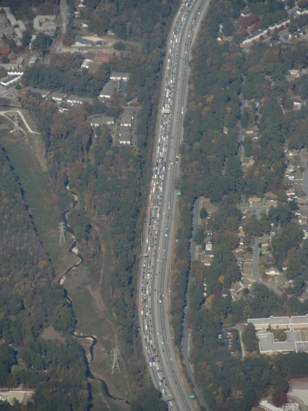 Atlanta with a traffic jam on the highway toward downtown.